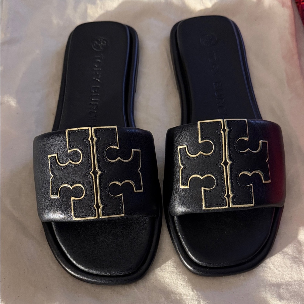 Tory Burch Black Sandals with Gold Emblem - Picture 6 of 6